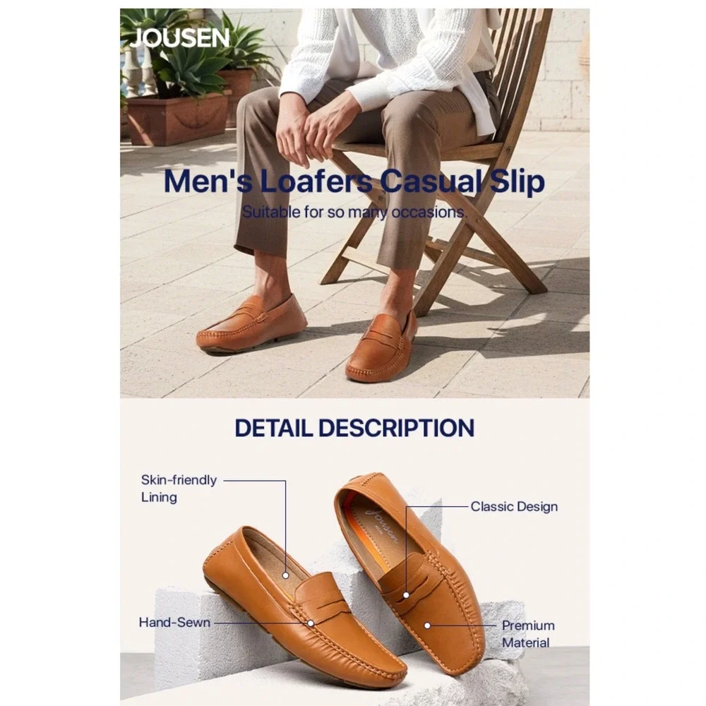 Jousen Mens Penny Loafers Brown Casual Driving Boat Dock Deck Shoes Sz 8 NEW